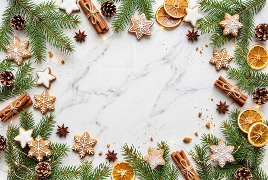 Christmas frame of gingerbread cookies, orange slices and pine on white marble