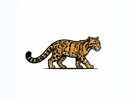 Spotted Clouded Leopard Walking In Side Profile With Golden Brown Coat And Bold Black Markings Vector Illustration