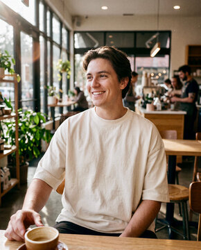 Smiling young man with a cup of coffee in a sunny cafe