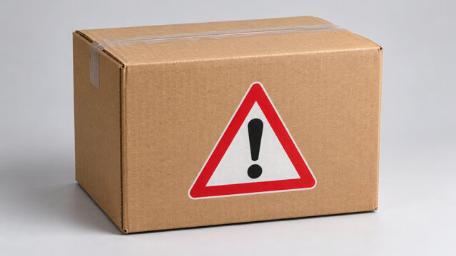 A cardboard box displays a prominent warning sign with an exclamation mark inside a triangle, indicating a cautionary message. The box is sealed and set against a neutral backdrop
