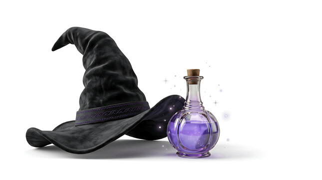 Halloween witch hat and purple magic potion bottle isolated on
