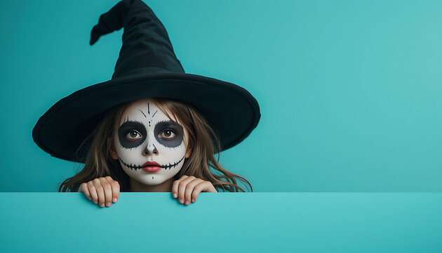 Child wearing large black witch hat and skull face paint with black circles and decorative markings against bright turquoise background