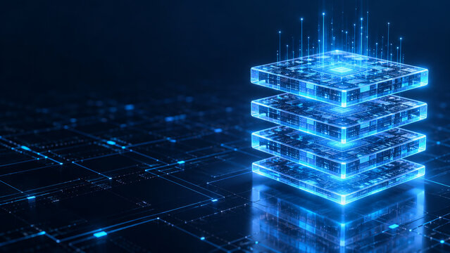 A digital illustration of a glowing, transparent stack of blue data layers on a grid-like background, symbolizing technology and data storage concepts, with light points above each layer
