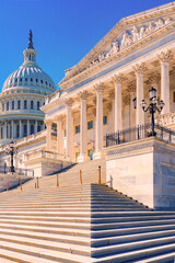 Naklejka premium Senate portico with marble columns. Capitol Building with Senate wing. Senate facade in Washington, D.C. US Capitol Senate entrance in Washington.