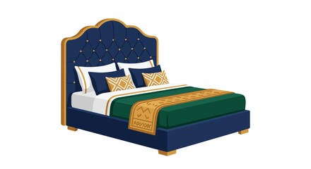 Fototapeta premium Elegant bed with pillows and patterned bedding vector illustration