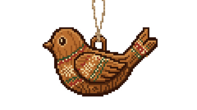 Pixel Art Wooden Bird Ornament Isolated