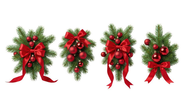 Four christmas evergreen swags with red ornaments and bows isolated on transparent background