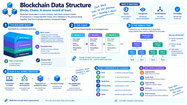 Blockchain data structure infographic explaining blocks and chains for secure digital records, professional cryptocurrency technology diagram showing Merkle tree
