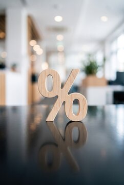 Percentage discount sign wooden icon on reflective table with blur bokeh background, representing banking interest rate, financial tax ratio, retail sale promotion, and investment return concept.