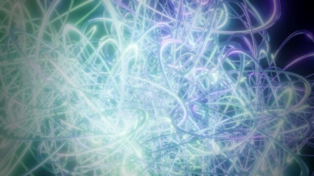 Tangled glowing strands in cyan and purple light