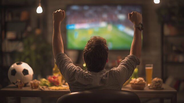 Excited fan celebrating sports victory at home.