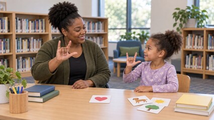 Obraz na płótnie Canvas Black Teacher and girl signing I love you in American Sign Language at library table. Deaf education and inclusive communication concept. ASL learning with picture cards. Diversity and inclusion