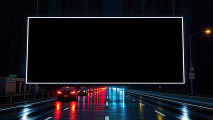 Fototapeta premium Night highway scene. Dark billboard dominates view. Traffic flows beneath bright lights, wet pavement reflects colors.