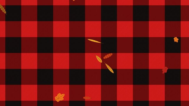 Red and black buffalo plaid pattern moves slowly diagonally while colorful autumn leaves fall across it in a seamless loop
