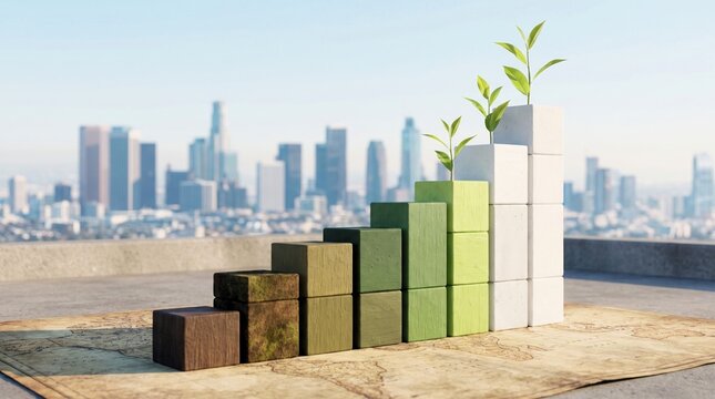 Rising financial bar chart made from wooden blocks with growing green sprouts against urban cityscape background
