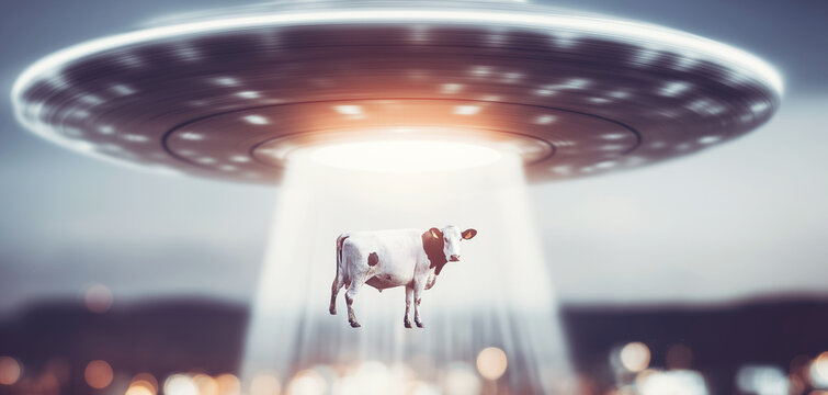 Unidentified flying object - UFO - abducting a spotted cow using a strong tractor beam, symbolizing alien abduction and mystery