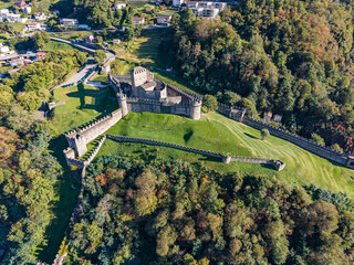 Aerial image of the medieval castle Montebello in the capital city of Canton Ticino, Bellinzona, Switzerland - unesco site. © Siyue
