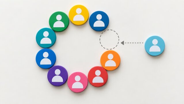 Colorful people icons arranged in a circle with one avatar joining through an arrow and dashed outline on white background. New member onboarding and teamwork concept