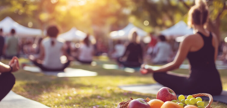 People practicing yoga outdoors on mats, focusing on meditation and well being, promoting a healthy and mindful lifestyle