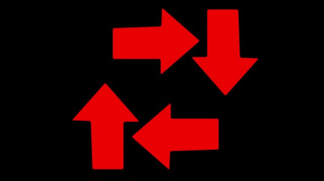 Minimalist red rotating block arrows icon for process cycle, workflow loop, continuous rotation, data synchronization, circular movement