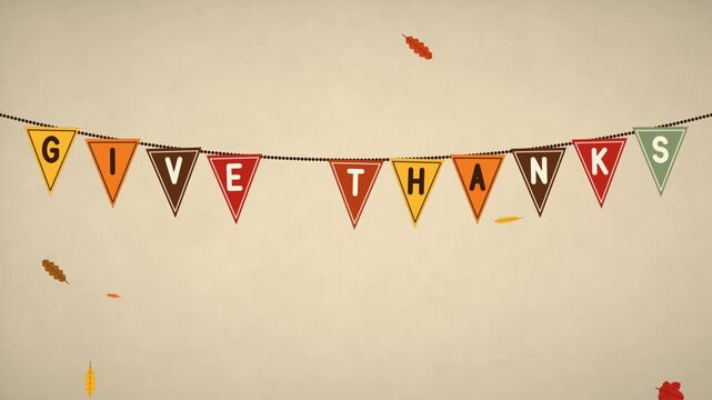 Colorful pennant bunting flags spelling give thanks drop onto a string and swing gently over kraft paper while autumn leaves fall