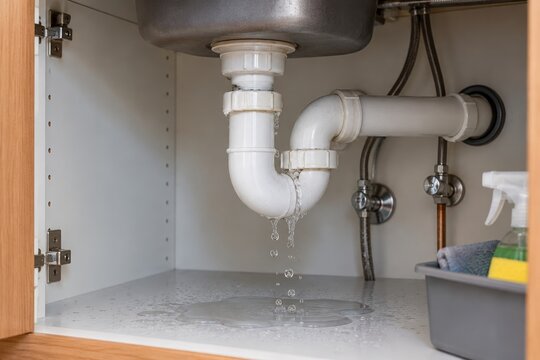 Water leaking from drain pipe under kitchen sink inside open cabinet. Dripping PVC plumbing trap with puddle on cabinet floor. Broken pipe and water damage concept