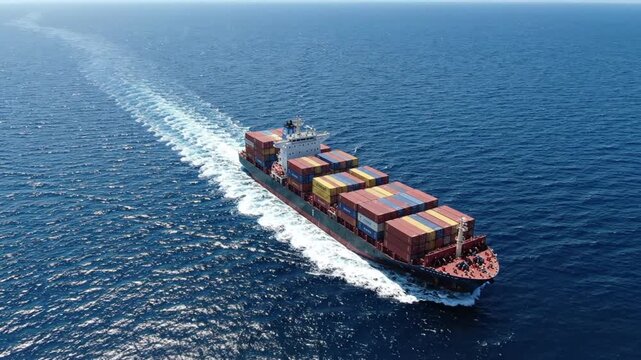 Aerial view of large container ship on blue ocean