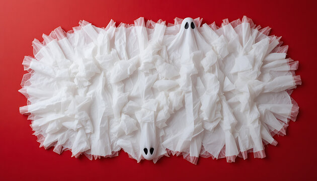 White translucent fabric arranged on bright red background with two ghost-like figures featuring black oval eyes emerging from folds