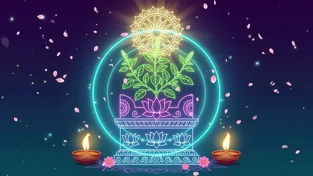 Glowing Tulsi Vivah Neon Mandir Shrine Motion Graphic Loop with Traditional Diya Oil Lamps and Spiritual Festive Aura
