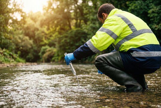 Field worker collecting source water sample to assess quality and safety for drinking water treatment.