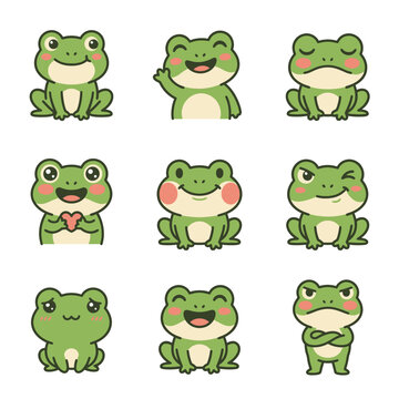 Set of cute cartoon frog character emojis with different emotions and expressions.