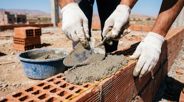 Close up of bricklayer hands spreading mortar on perforated red brick wall construction.