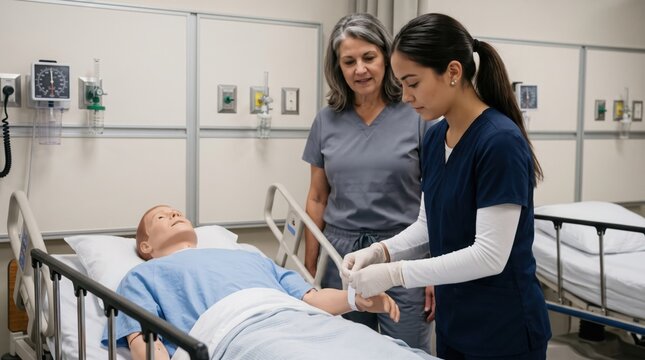 Nursing instructor observes student practicing patient band placement on medical mannequin in simulation lab. Concept of clinical skills, medical training, nursing education.