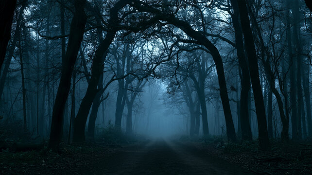 Dark foggy forest path