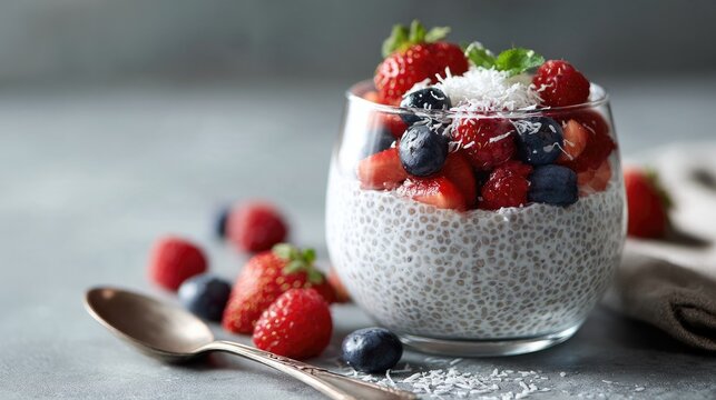 Chia Seed Pudding Delight: A refreshing chia seed pudding layered in a clear glass, topped with fresh strawberries, blueberries, and raspberries, sprinkled with coconut flakes.
