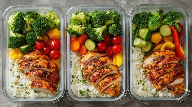 Healthy Meal Prep Containers: Three transparent containers filled with a balanced meal of grilled chicken breast, fluffy white rice, and a colorful mix of steamed broccoli, cherry tomatoes.