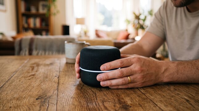 Man configuring smart speaker device on wooden table in cozy living room, demonstrating home automation setup, voice assistant technology and modern connected lifestyle for smart