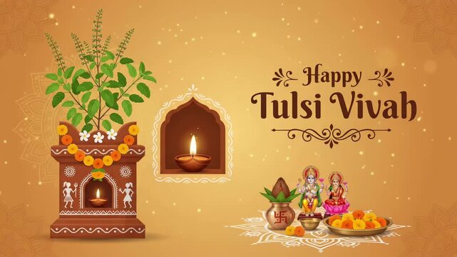 Happy Tulsi Vivah Festival Greeting Motion Graphic with Holy Basil Vrindavan Shrine, Lord Vishnu Lakshmi and Glowing Diya Loop
