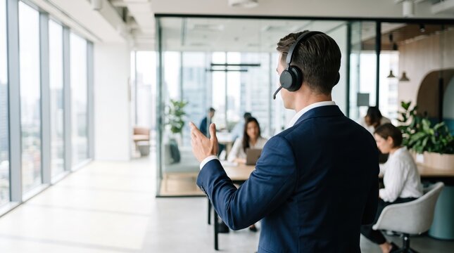 Businessman wearing headset presenting to team in glass conference room, corporate meeting background, professional communication and collaboration concept in modern open office
