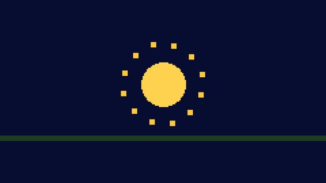 Golden pixelated orb ascends against a dark blue backdrop pixel light digital animation glowing ascending rising