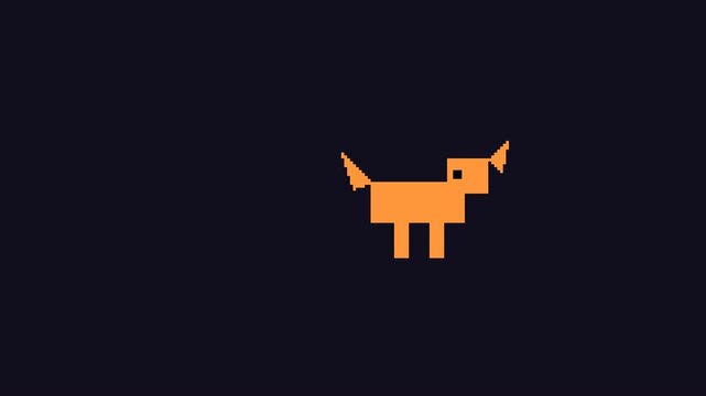 Pixelated canine character jumps across a dark background in a simple animation dog animal cartoon sprite