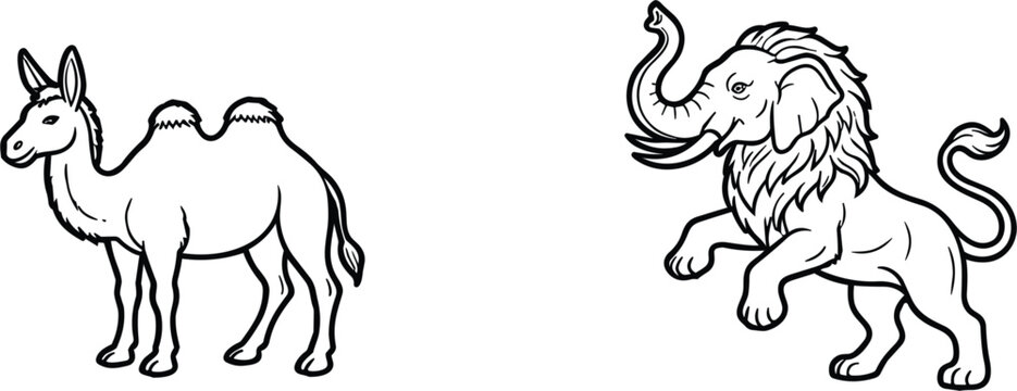 Mythical hybrid animals line art vector illustration, fantasy creatures drawing