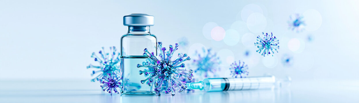A vaccine vial and syringe surrounded by magnified virus particles symbolizing immunization and protection against infectious diseases.