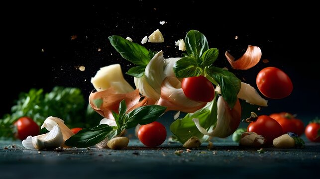 Fresh basil  cherry tomatoes  garlic  and cheese suspended in midair against a dark background  capturing vibrant culinary ingredients in dynamic