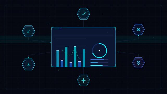 Digital dashboard interface with animated data charts and connected hexagonal network icons