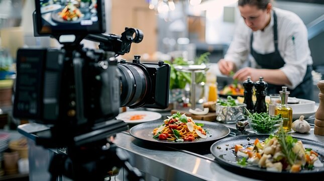 Professional videographer filming a talented chef plating gourmet dishes in a modern restaurant kitchen for a culinary food production