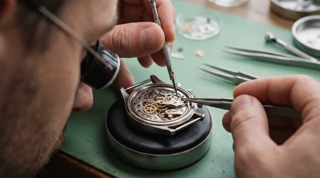skilled watch repair technician using precision tweezers 