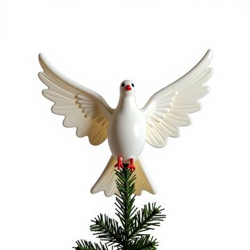 White winter dove treetopper with outstretched feathered wings on evergreen tip, elegant holiday decoration on white background