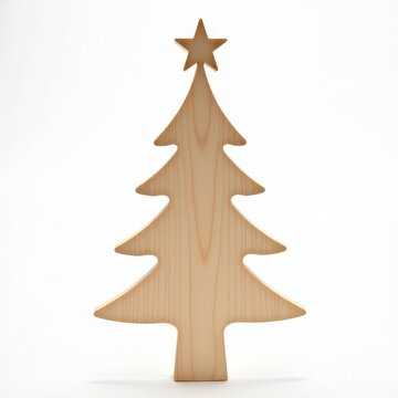 Minimalist scandinavian pine treetopper with stylized star, simple natural wood carving on white background