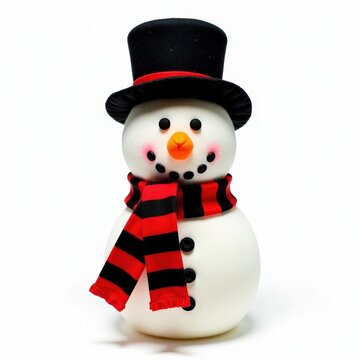 Plush snowman treetopper with carrot nose, black felt hat, and red striped scarf on white background for christmas decor